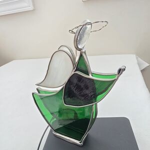 Artisan Stained Glass Angel Holiday Figure Silver Green White